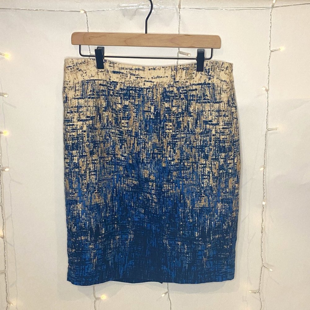 ANN TAYLOR Blue Navy & Cream Watercolor Pencil Skirt